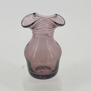Vintage Art Glass Purple Bud Vase Ruffled Edge Applied Swirl